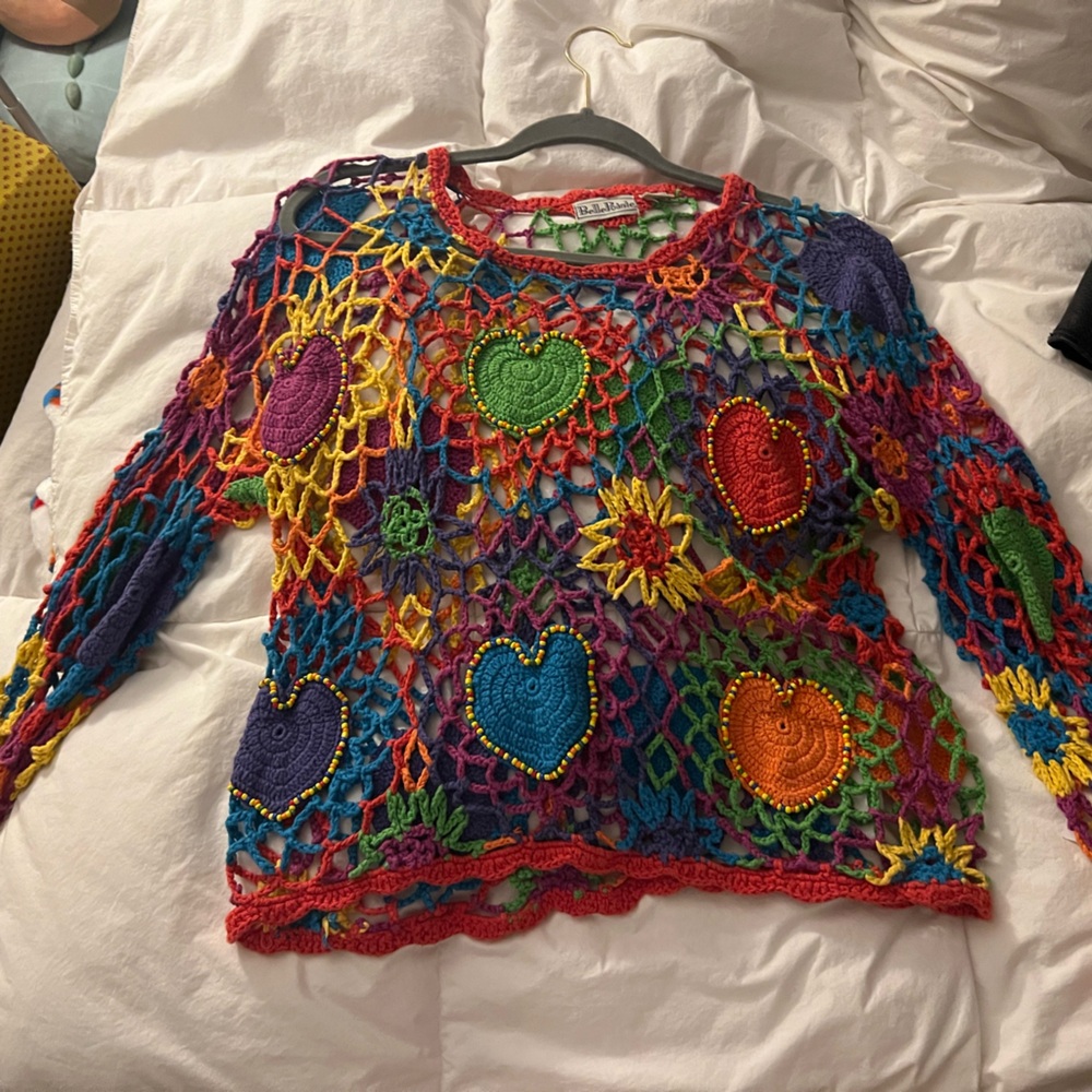 Vintage Rainbow Heart Netted Sweater